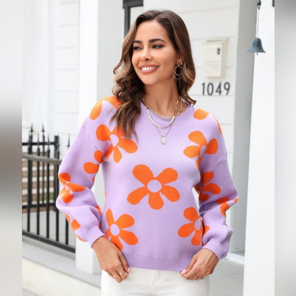 Flower Power Retro Floral Knit Round Neck Long Sleeve Oversized Pullover Sweater - Picture 6 of 9